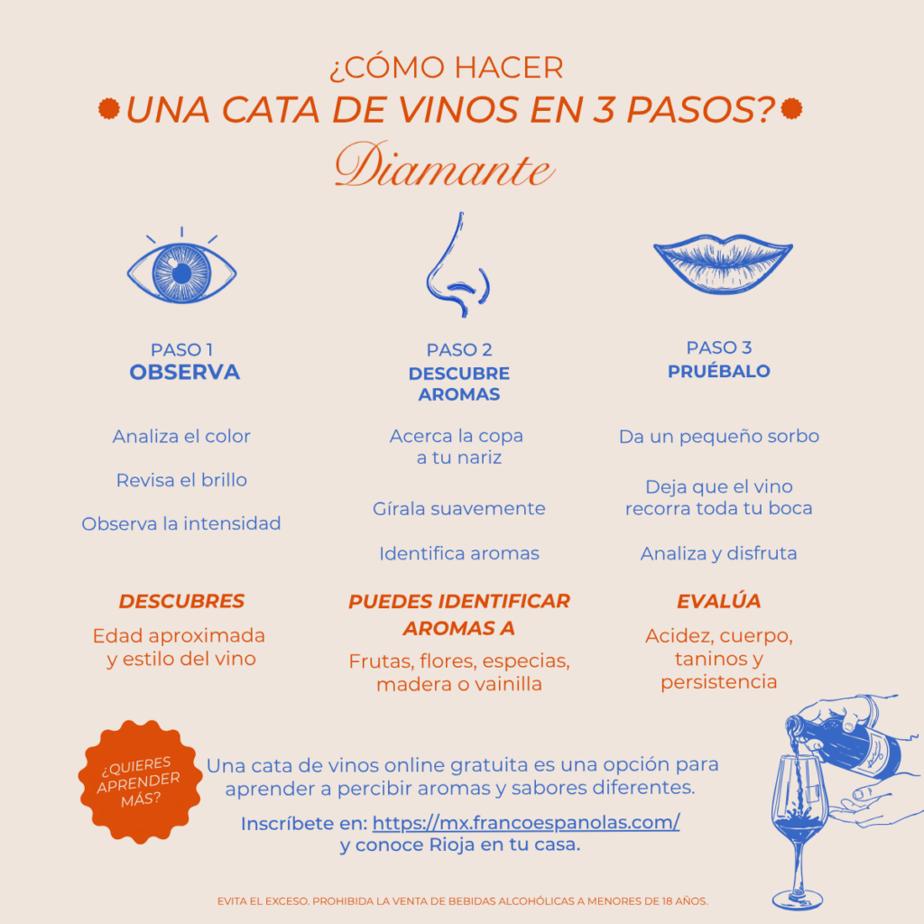 Infografía paso a paso sobre cómo hacer una cata de vinos en 3 fases: visual, olfativa y gustativa con Bodegas Franco-Españolas.